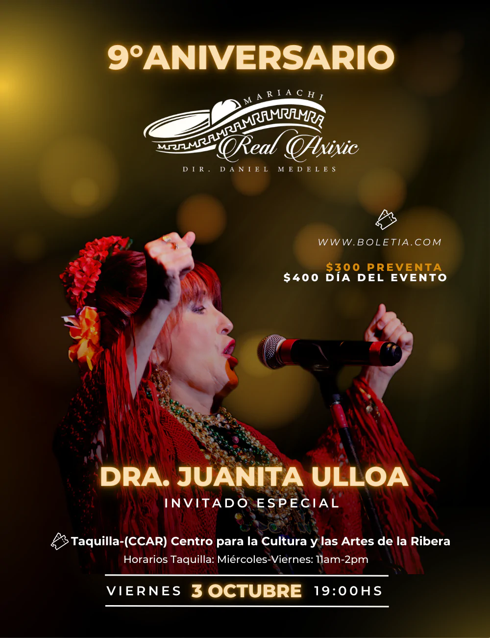 Ninth anniversary celebration of Mariachi Real Hiiixic featuring special guest Dr. Juanita Ulloa, scheduled for October 3rd at CCAR.